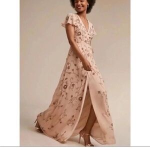 BHLDN Floral Beaded Pink wrap dress